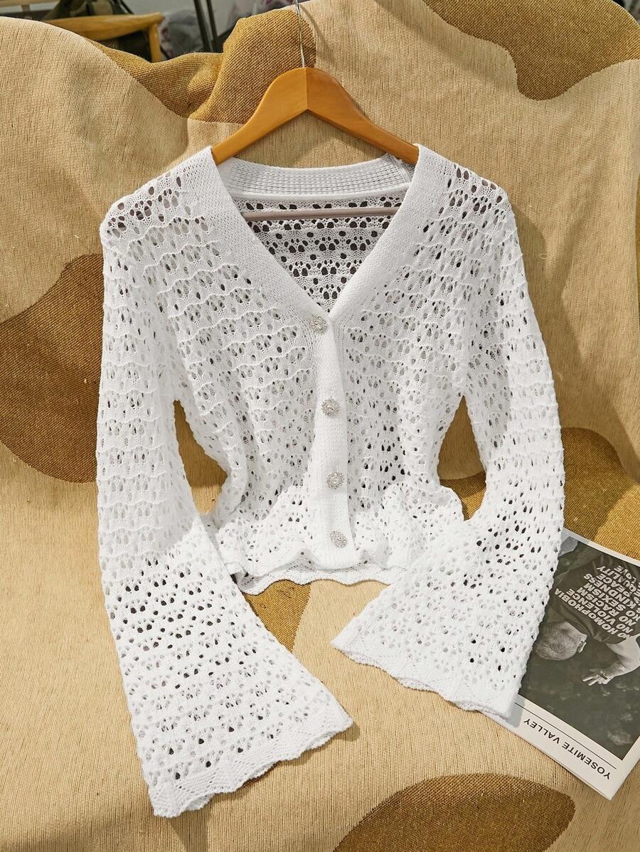 INAWLY Áo len cardigan mỏng dệt rỗng một hàng khuy đơn tay dài màu trơn dành cho nữ - trắng - Xem 1