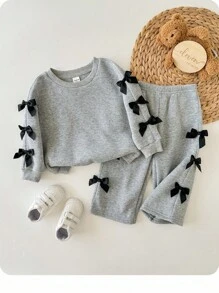 SHEIN 2件套女婴休闲针织灰色蝴蝶结长袖运动衫和裤子套装