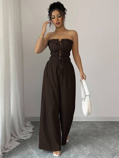 Elenzga Women's Summer Casual Striped Bandeau Jumpsuit - Random Floral Pattern