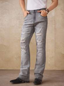 Manfinity Homme Herren Skinny Destroyed Jeans mit Hufeisen-Beinöffnungen - Hellgrau - Übersicht 5