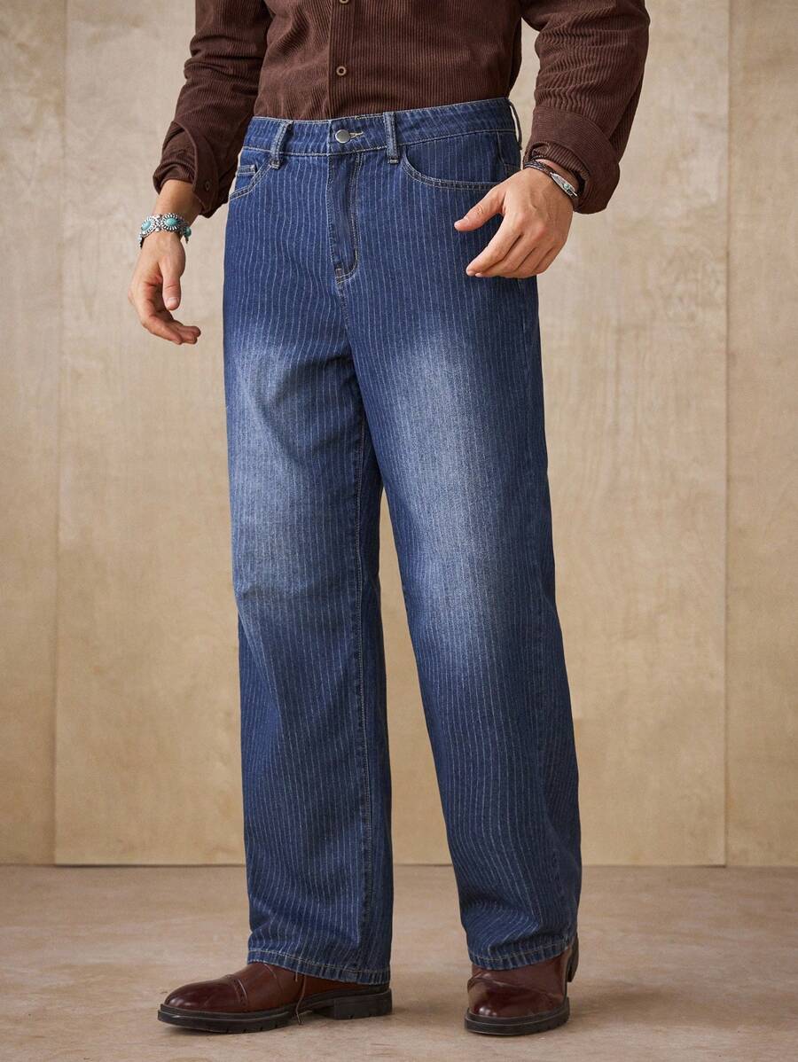 Manfinity Homme Men's Unique Vertical Striped Textured Fabric Retro Fashion Casual Loose Straight Pants, Spring/Summer - Blue - View 1