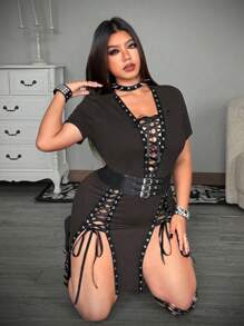 Whyspr Plus Size Sexy Criss-Cross Strap Split Bodycon Dress, Summer - Mocha Brown - View 3
