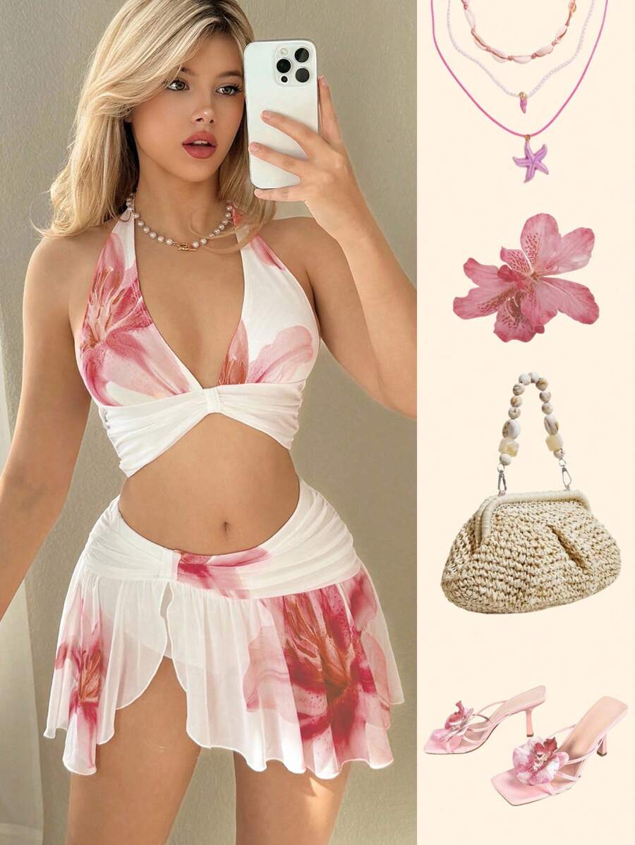 Sweetina 女士Y2K度假风外出印花露脐吊带上衣和低腰印花迷你裙套装,夏威夷伊比沙岛穿搭 - 彩色 - 查看 1