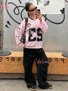 SHEIN Explorewe 1 Stück Teenager Mädchen Hoodie & Sweatshirt Co-Ords, lässiger Preppy Stil und sportlicher großer Buchstaben Aufdruck, Langarm, V-Ausschnitt, Drop-Shoulder, für Frühlung und Herbst - Verschiedenfarbig - View 5