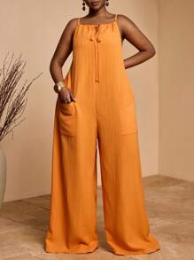 Slaydiva 2025新款独家度假休闲细肩带宽松连体裤，侧开衩，系带 - 橘色 - 查看 5