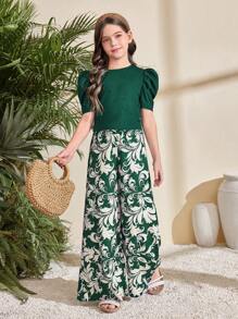 SHEIN 2pcs Tween Girl Crew Neck Puff Sleeve Cropped Top & Wide Leg Pants Set - Dark Green - View 6