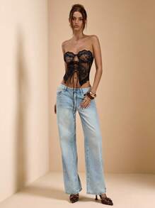 SHEIN BAE Sexy Lace Criss-Cross Bandeau Crop Top, Summer,Wrap Top,Halloween Clothes Women ,Halloween Costume,Valentine's Day,Valentine Outfits For Women - Black - View 7