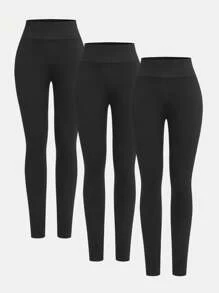 SHEIN Girlism Conjunto de 3 piezas para niñas preadolescentes, pantalones leggings negros sólidos, minimalista y cómodos