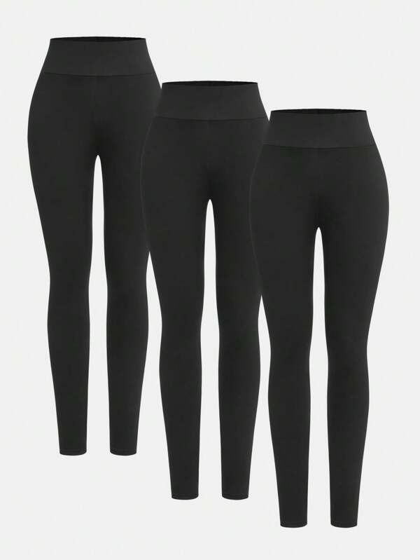 SHEIN Girlism Tween Girls' 3-Piece Set Black Solid Leggings, Minimalist And Comfortable