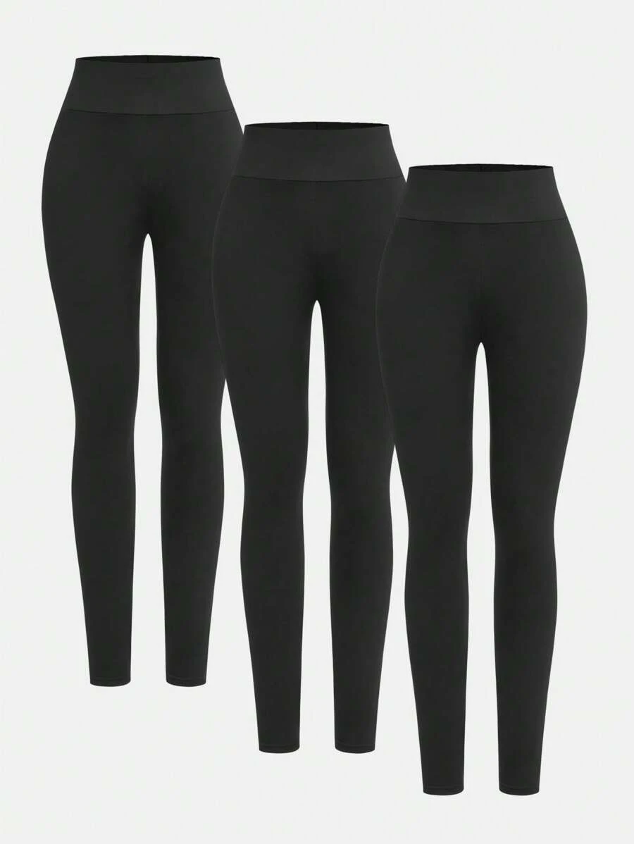 SHEIN Girlism Conjunto de 3 piezas para niñas preadolescentes, pantalones leggings negros sólidos, minimalista y cómodos