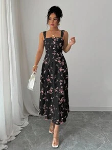 Elenzga 春夏季女士最新花卉优雅腰部褶皱长裙 - 黑色 - 查看 4