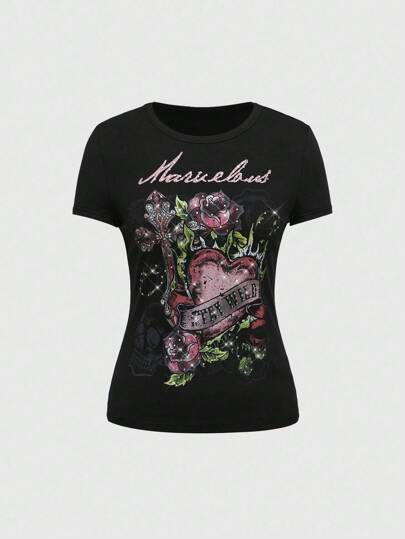 Grunge Punk T-shirt ajusté pour femmes avec imprimé rétro sexy rose et cœur, style Y2K