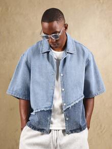 SUMWON Áo sơ mi denim Color Block cài nút cỡ lớn, chi tiết viền thô, lễ hội mùa hè, tay ngắn, phong cách đô thị, giản dị, rách rưới, bãi biển - Rửa trung bình - Xem 5