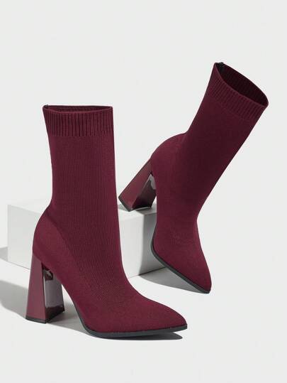 Daringsoles Botas de tobillo de punto de ajuste ceñido con tacón grueso y punta afilada para mujer