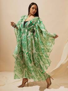 Vixey Kimono de gasa estampada con mangas anchas y abiertas, cintura con cordón - Rojo y negro - Ver 1