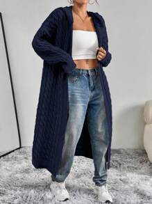 Flirla Cardigan Wanita Lengan Panjang Berkerudung Motif Kabel Putar Kasual Modis untuk Musim Gugur dan Musim Dingin - Navy Blue - View 8
