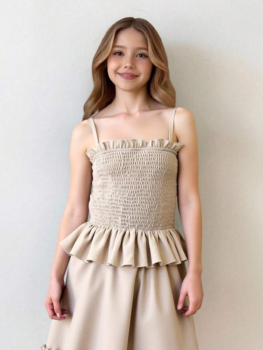 SHEIN 2pcs Tween Girls Casual Everyday Matching Ruffle Hem Camisole Top And Skirt Set - Apricot - View 1