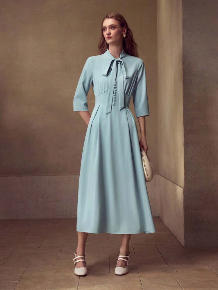TIE NECK FLARED HEM DRESS