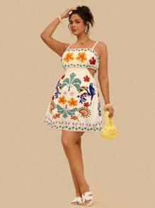 Travachic Plus Size Tropical Colorful Parrot Print Hollow Back Sleeveless Casual Summer Holiday Dress - Apricot - View 3