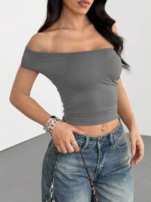 SHEIN EZwear 1pc Women's Grey Knitted Versatile Fitted Sweater Top - Dark Grey - View 3