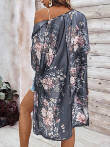 Breezaya 女士花卉印花蝙蝠袖宽松前开衫，适合度假 - 彩色 - 查看 2