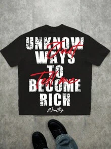 SHEIN Maglietta casual alla moda per ragazzi adolescenti, con grafica di ritratto avvolto in banconote, maglietta a maniche corte con collo tondo e stampa di slogan classica e stilosa, adatta per l'estate