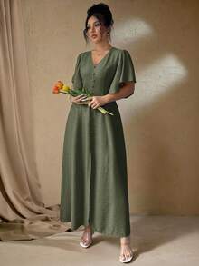 Elenzga Plus Size Women Summer Elegant Brown Tea Party Gym Vacation Wedding Guest Maxi Dress French Bohemian V-Neck Button Front A-Line Split Flared Sleeve - Army Green - View 4