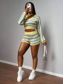 Slaydiva 2件套女士休闲黄蓝条纹短款毛衣和短裤套装 - 彩色 - 查看 6