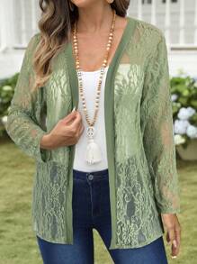 EMERY ROSE 蕾丝白色长袖防晒外套，夏季 - 橄欖綠 - 查看 1