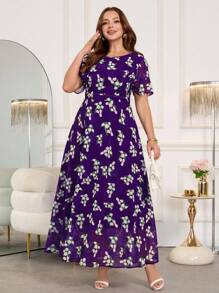 SHEIN Clasi 大码女式花卉印花雪纺长裙、优雅长裙、飘逸连衣裙、短袖连衣裙、户外连衣裙 - 彩色 - 查看 7