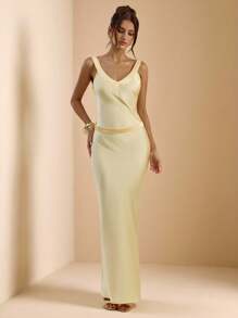 SHEIN BAE 奶油黄色露背系带简约修身缎面鱼尾裙，适合早午餐、伴娘、派对、正式场合、婚礼、生日等场合穿着，优雅优雅 - 淡黃色 - 查看 5