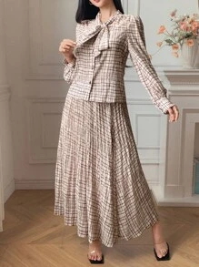 DAZY Women's Plaid Ribbon Collar Shirt And Skirt 2 Pieces Set, Autumn,Fall Women Clothes - Khaki - View 3