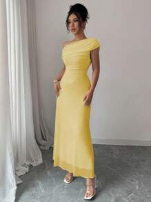 Modelyn 女式网眼不对称肩部褶饰拼布下摆法式优雅性感礼服 - 黃色 - 查看 6