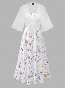 Franclia Plus Size Women Ditsy Floral Chiffon Dress And Elegant Two Pieces Set, Summer
