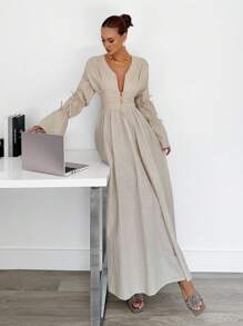 Siren Gaze 100% 纯棉新款秋季 V 领缺口褶皱系带超长喇叭袖飘逸 A 字型棉质连衣裙，舒适宽松休闲适合秋冬米色连衣裙女长袖超长连衣裙女休闲连衣裙长款休闲连衣裙棕褐色连衣裙女度假连衣裙长袖婚礼宾客连衣裙女 - 杏色 - 查看 6