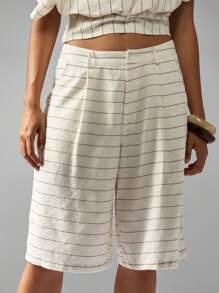 MISSGUIDED Striped Bermuda Tailored Linen Feel Shorts Mid Rise Pleated Knee Length Summer Resort Wear Walking Casual Beach Vacation Bottoms - Apricot - View 1