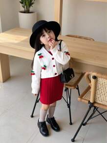 SHEIN Playful Pals 女童白色长袖短款外套，饰有樱桃图案，搭配酒红色吊带连衣裙，舒适柔软两件套，适合秋冬季节穿着。 - 白色 - 查看 8