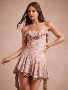 L'Amorae 女士玫瑰豹纹荷叶边混合材质雪纺印花迷你连衣裙 - 彩色 - 查看 1