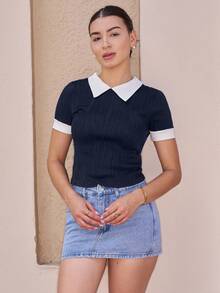 Andrea Bello Contrast Trim Keyhole Back Tee - Navy Blue - View 5