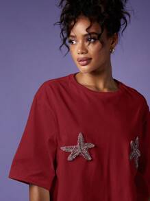 MISSGUIDED Oversized Summer T Shirt With Crystal Starfish Applique Beachwear Resort Casual Elbow Length Sleeves Beach Vacation Top