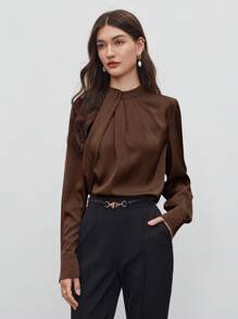 BizChic 女式秋季高领不对称设计褶饰宽松长袖上衣，基本款都市通勤简约优雅时尚商务休闲装，适合教师、办公室、婚礼、音乐会 - 棕色 - 查看 3