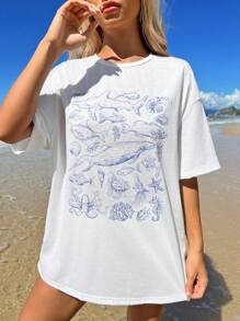 SHEIN EZwear 女士休闲圆领短袖海洋动物印花超大T恤，适合夏季 - 白色 - 查看 4