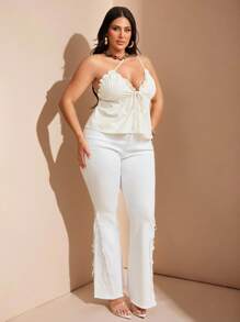 SHEIN BAE Plus Size Women's Linen Sleeveless Crop Top,White,Summer,Elegant,Night Out Club,,Spring,Fall,Halloween,Back To School,Christmas,Wedding Guest - White - View 6