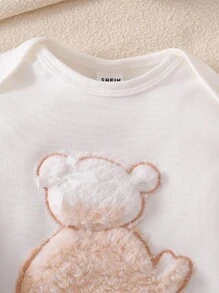 3pcs Newborn Baby Pink & White Bear Pattern Long Sleeve Romper, Vest & Hat Set, Home Outfit Fall Winter - Khaki - View 3