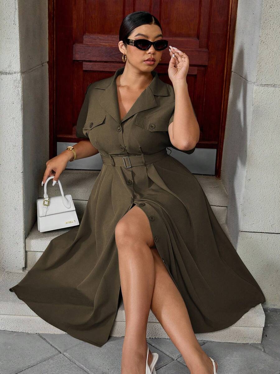 Easura 夏季时尚优雅束腰西装领通勤连衣裙 - 棕色 - 查看 1