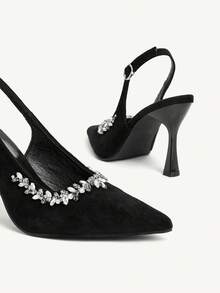 CUCCOO CHICEST 女士尖头水钻装饰细高跟鞋，优雅奢华浪漫性感哥特式黑色绒面革一脚蹬高跟鞋，正式礼服，婚礼宾客，下午茶，约会之夜，派对，适合婚礼、庆典、万圣节、圣诞节、感恩节、生日 - 黑色 - 查看 11