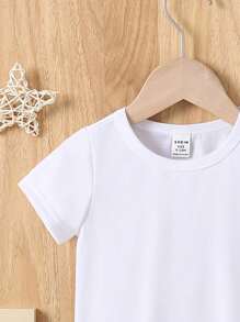 SHEIN 男童休闲时尚舒适简约可爱脸、铅笔、书本图案短袖圆领T恤，夏季