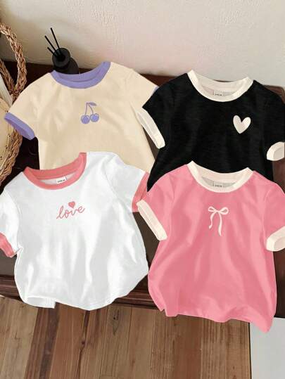 SHEIN 4 件套年轻女孩休闲基本款圆领短袖 T 恤，适合春夏季