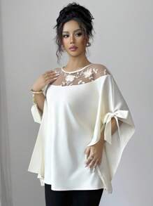 Selianne Blusa elegante francese a mantella con collo rotondo con spacchi e fiocco, in rete 3D floreale semi-trasparente, di colore albicocca, ampia e lusinghiera - Albicocca - Visualizzare 5