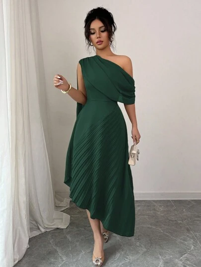 Rafferiza Women's Elegant Chiffon Draped One Shoulder Pleated Dress, Spring/Summer Summer Dress Clothes For University